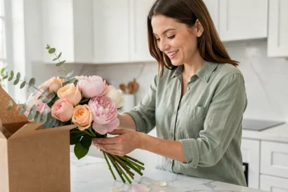Femme arrangeant un bouquet de fleurs fraîches livré à domicile dans une cuisine moderne, avec emballage kraft de livraison visible