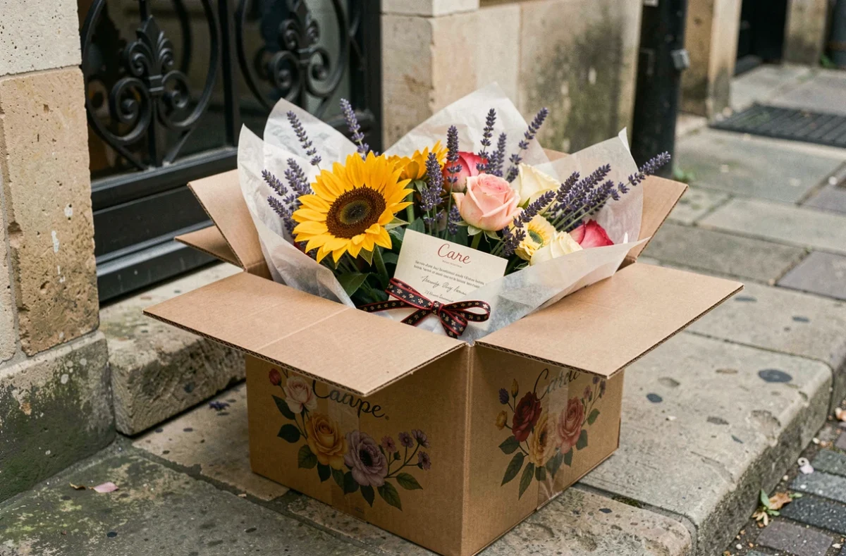 Boîte de livraison de fleurs ouverte sur un pas de porte parisien, révélant un bouquet coloré de roses, tournesols et lavande dans un emballage soigné