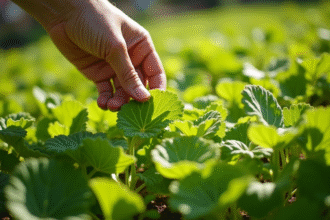 Main arrachant des mauvaises herbes dans un jardin ensoleille