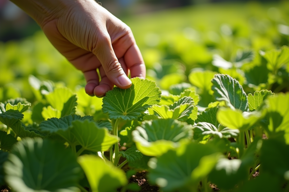 Main arrachant des mauvaises herbes dans un jardin ensoleille