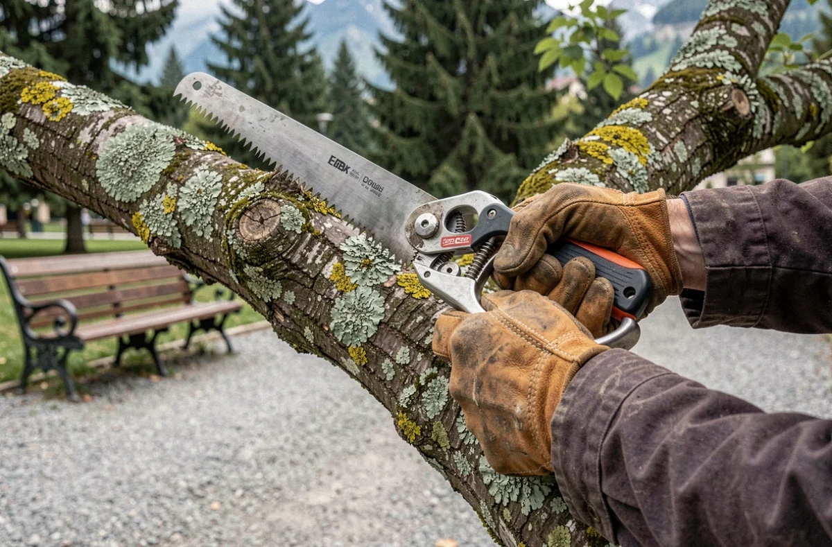 Gros plan sur les mains gantées d'un élagueur tenant une scie d'élagage sur une branche dans un parc d'Annecy