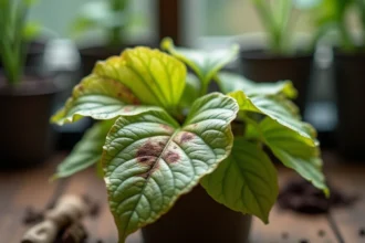 Feuille de lisianthus présentant des taches brunes et des bords jaunis, symptômes typiques d'une maladie fongique