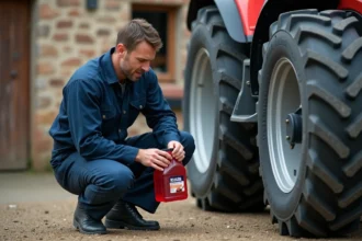 Mécanicien agricole lisant l'étiquette d'un bidon de Rotalin rouge près d'un tracteur dans une cour de ferme