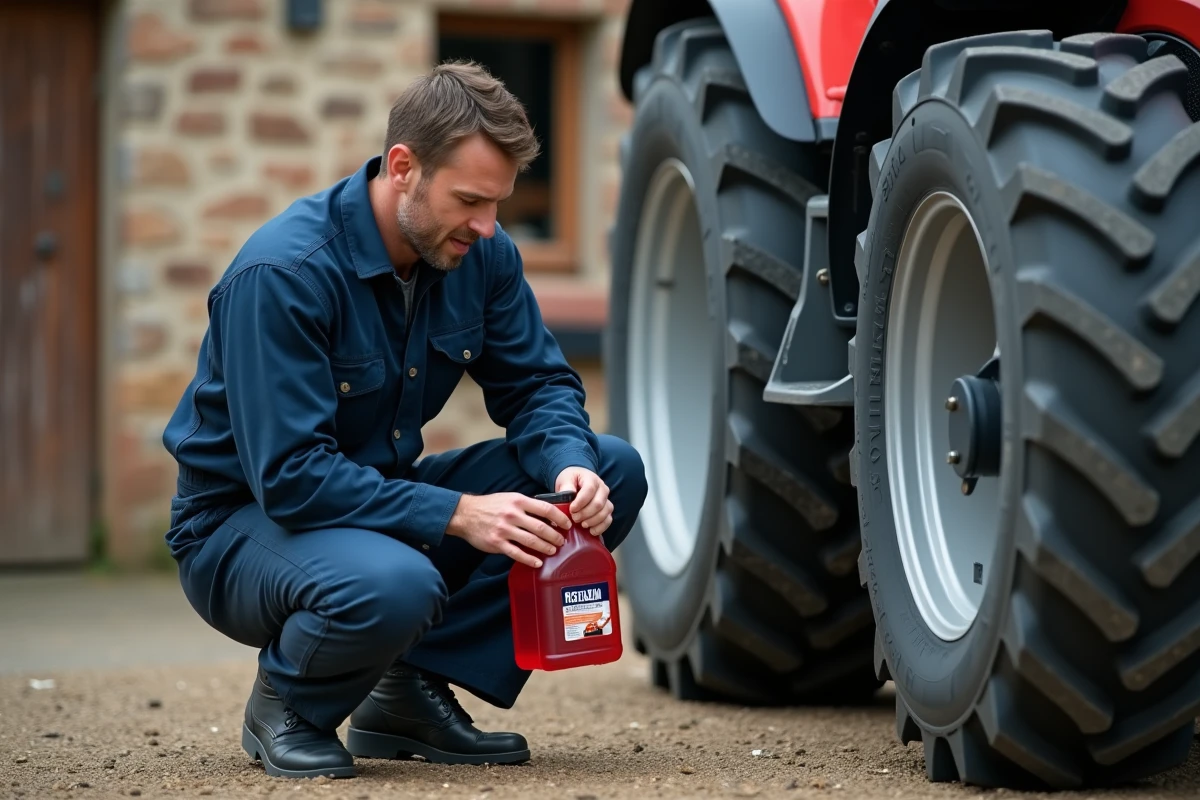 Mécanicien agricole lisant l'étiquette d'un bidon de Rotalin rouge près d'un tracteur dans une cour de ferme