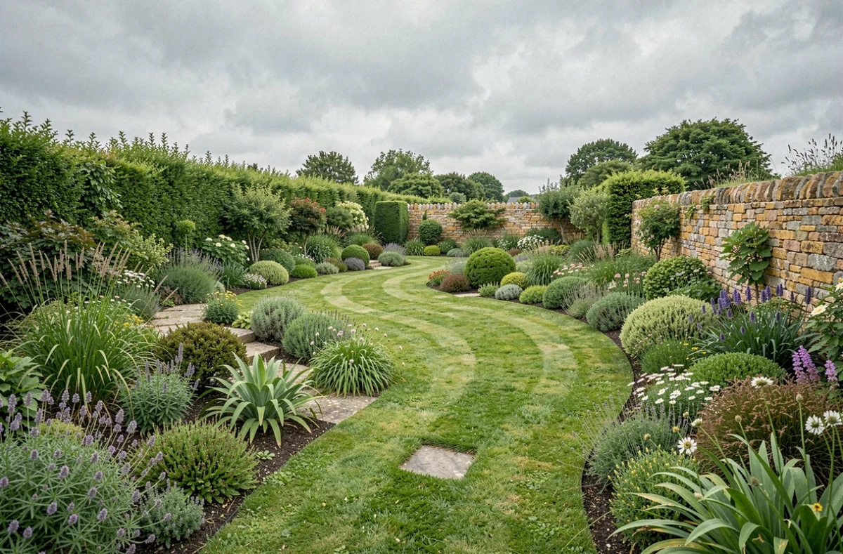 Paysage de jardin breton soigneusement aménagé en Ille-et-Vilaine, avec des plantes indigènes, des allées en pierre et des murs en granit typiques de la région