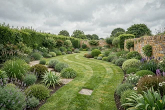Paysage de jardin breton soigneusement aménagé en Ille-et-Vilaine, avec des plantes indigènes, des allées en pierre et des murs en granit typiques de la région