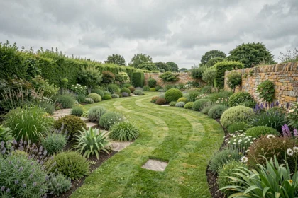 Paysage de jardin breton soigneusement aménagé en Ille-et-Vilaine, avec des plantes indigènes, des allées en pierre et des murs en granit typiques de la région