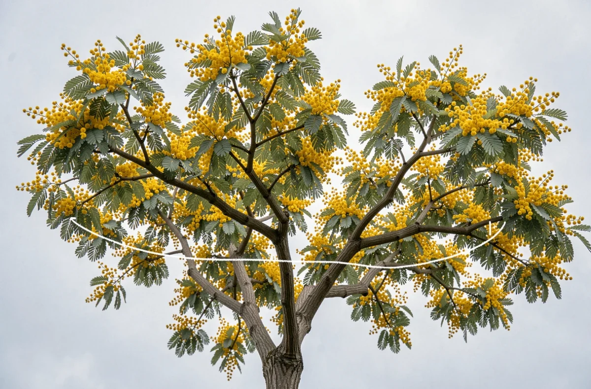 Vue en contre-plongée d'un mimosa en pleine floraison avec indication de la zone de taille recommandée