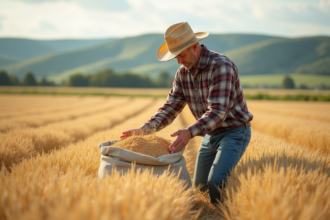Homme paysan récoltant du blé à la main dans un champ