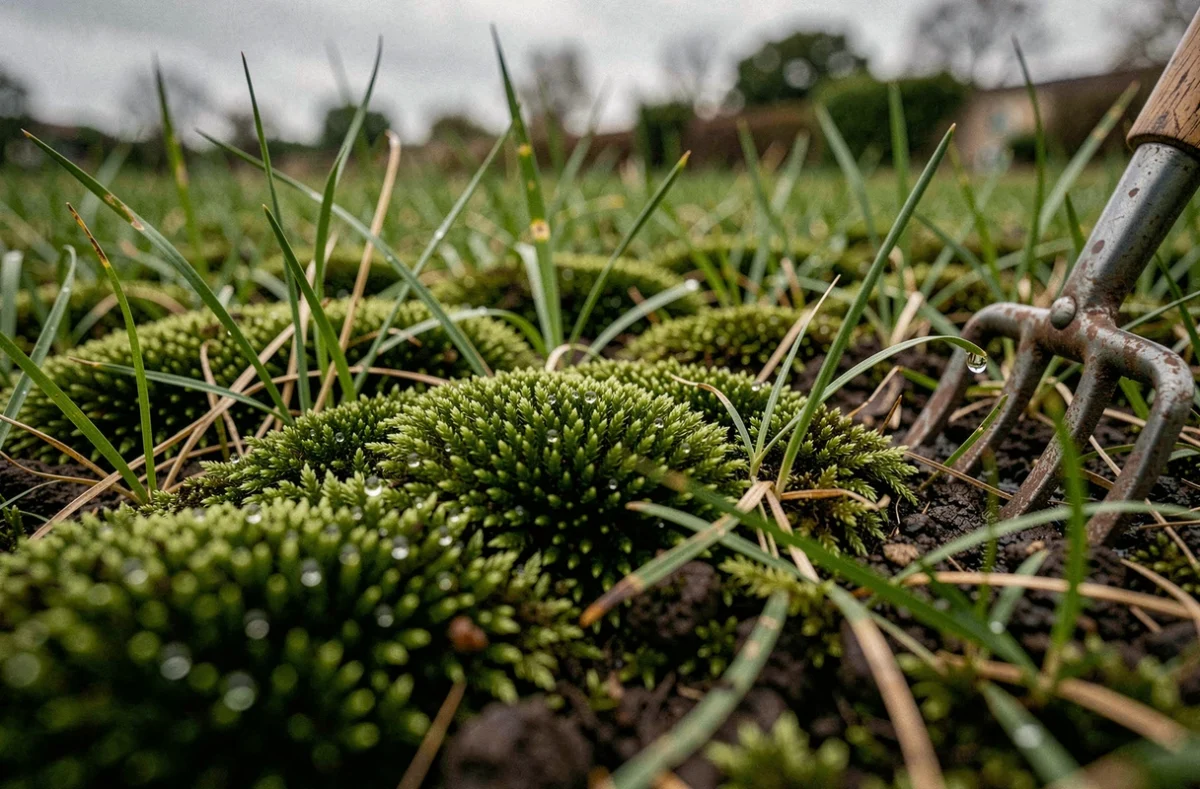 Gros plan sur de la mousse envahissant une pelouse en climat humide breton avec un scarificateur