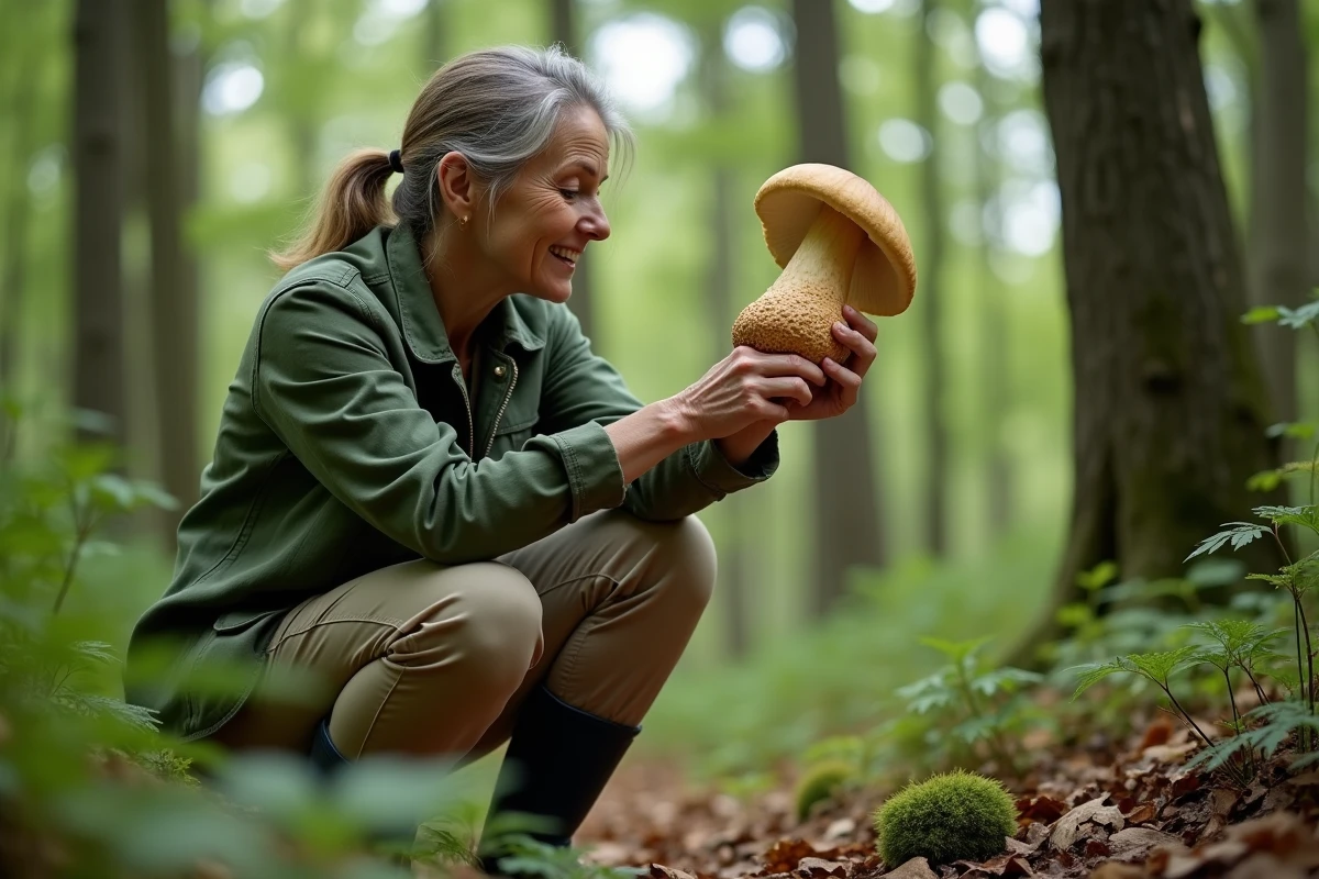 Mycologiste amateur inspectant un bolet en forêt pour éviter une confusion avec le cèpe douteux
