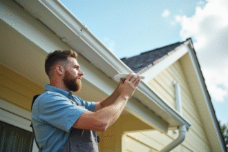 Personne nettoyant un soffit en PVC blanc sous le toit