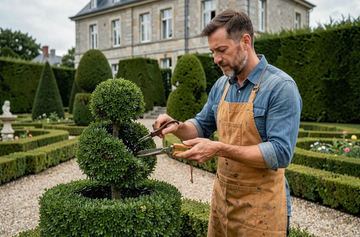 Paysagiste Olivier Jouan taillant une sculpture topiaire en buis dans un jardin à la française en Bretagne