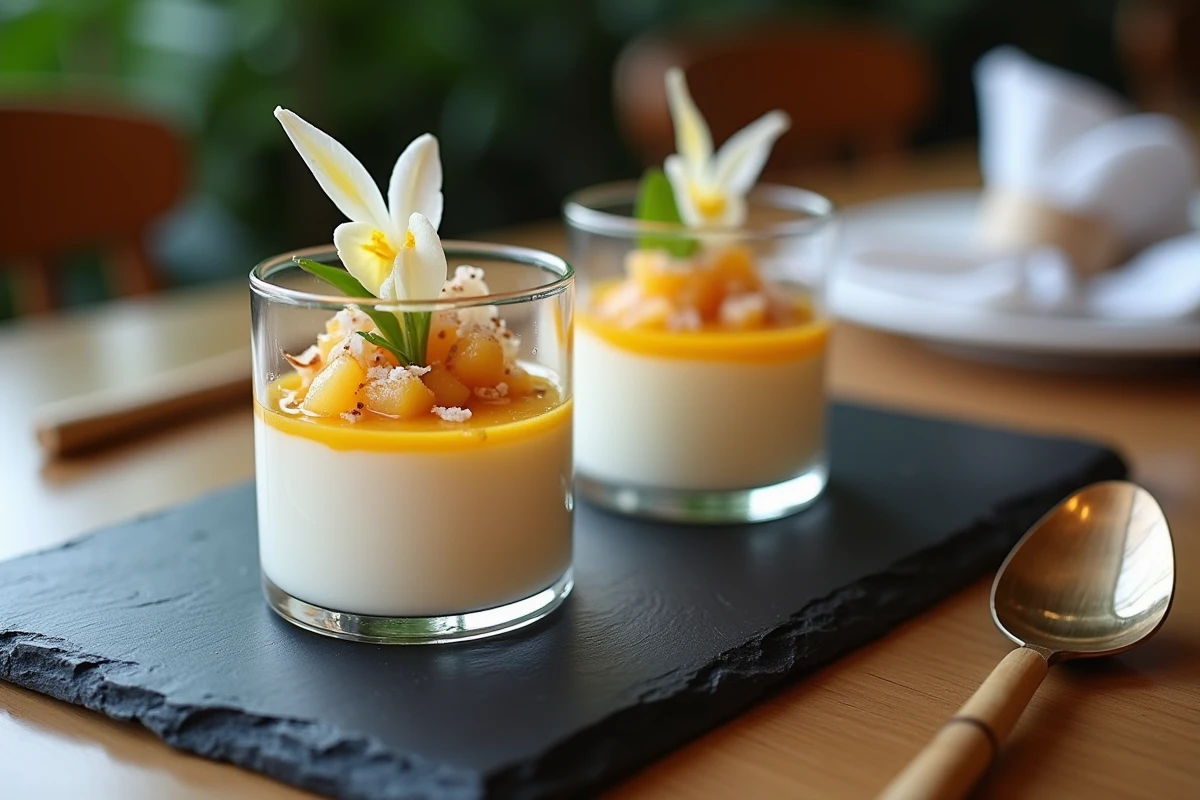 Panna cotta exotique au ceriman en verrine sur ardoise noire avec coulis tropical pour présentation gastronomique