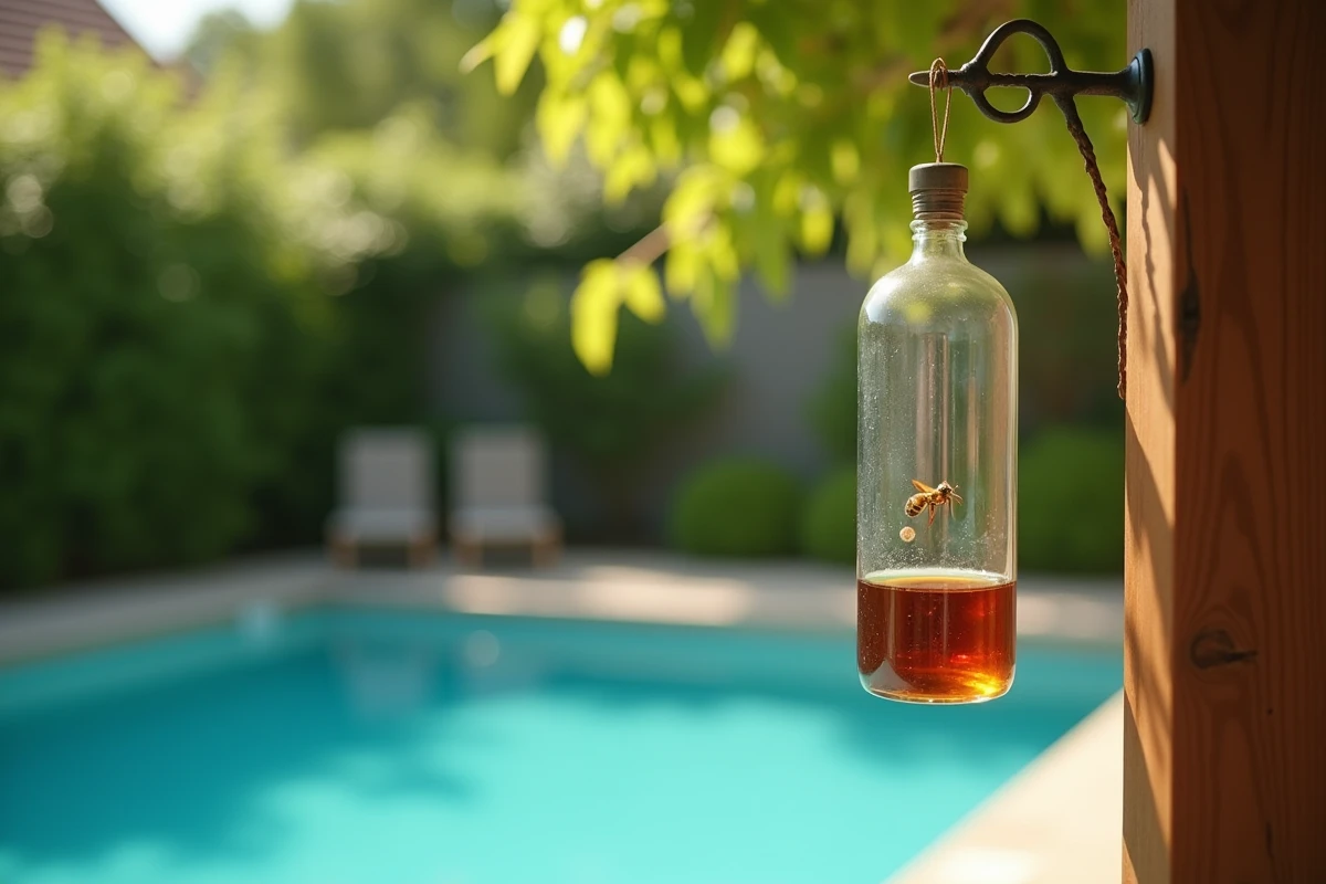 Piège à frelon suspendu à une pergola en bois près d'une piscine résidentielle avec appât liquide ambré
