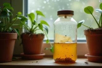 Piège à moucheron artisanal en bouteille plastique placé près d'une plante d'intérieur en pot sur un rebord de fenêtre en bois