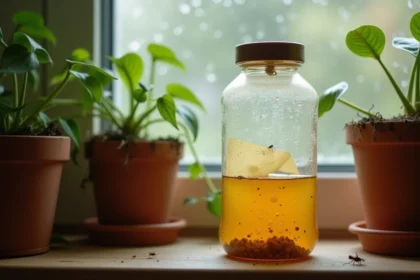Piège à moucheron artisanal en bouteille plastique placé près d'une plante d'intérieur en pot sur un rebord de fenêtre en bois