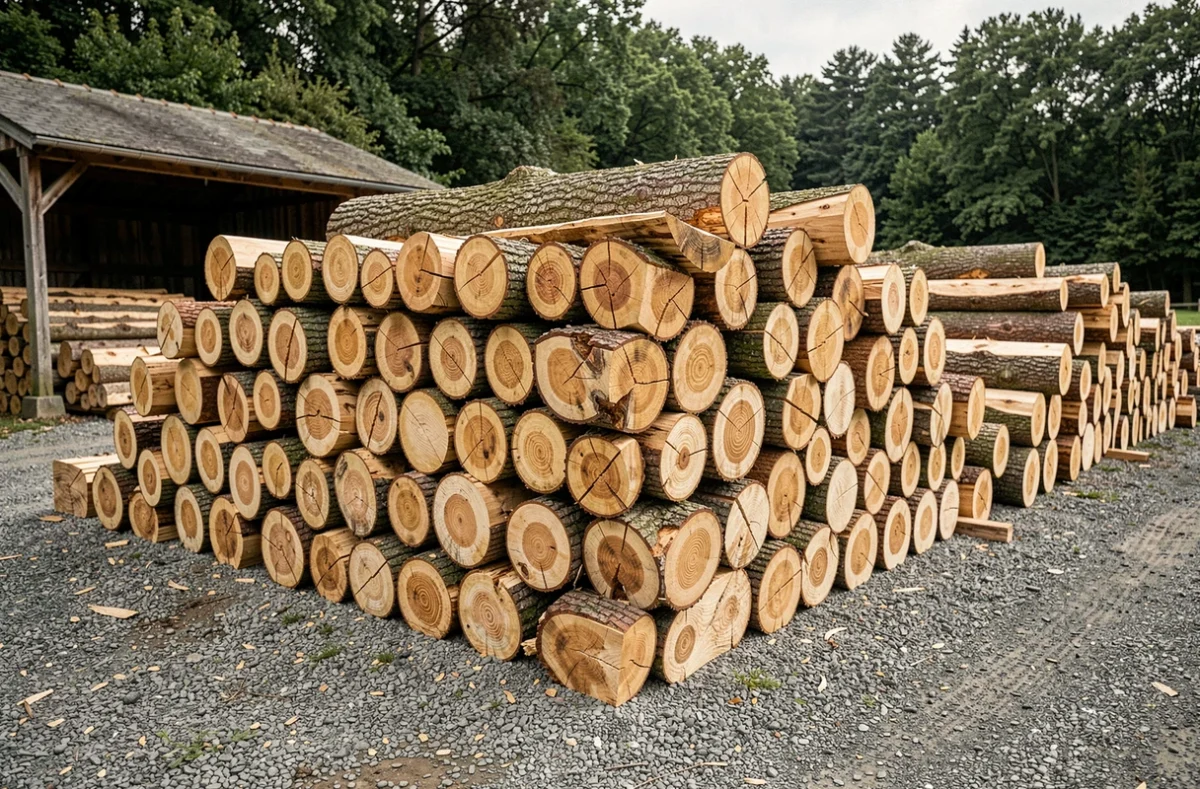Pile de grumes de chêne empilées dans un chantier de scierie rurale en France