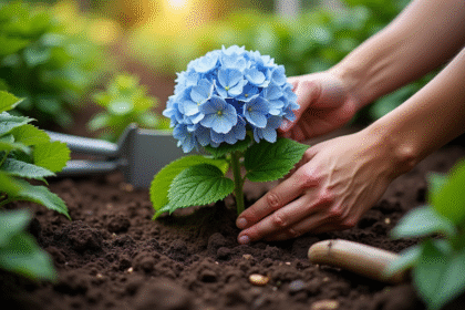 Main plantant une hydrangea dans la terre du jardin