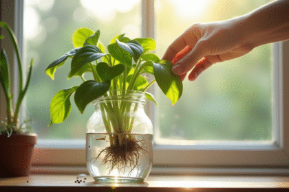 Main posant un pothos dans un verre d'eau en lumière naturelle