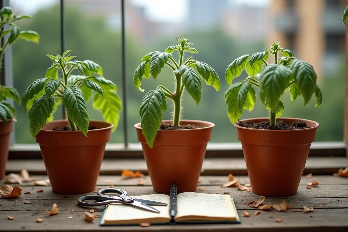 Plants de tomates en pots sur une table de rempotage montrant des gourmands et des marques de taille sur balcon urbain