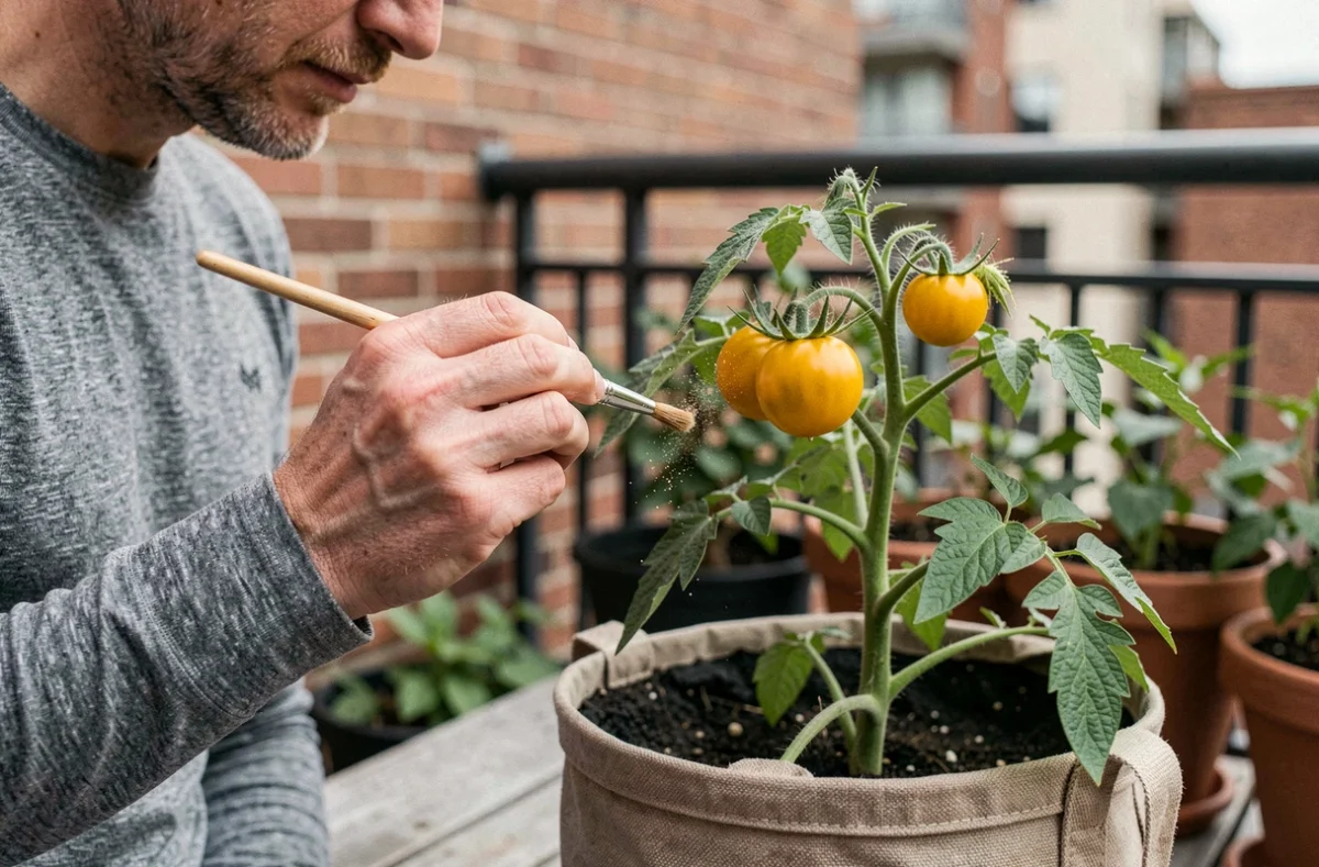 Homme pollinisant des fleurs de tomates en intérieur avec un pinceau fin, technique de pollinisation manuelle sur balcon urbain