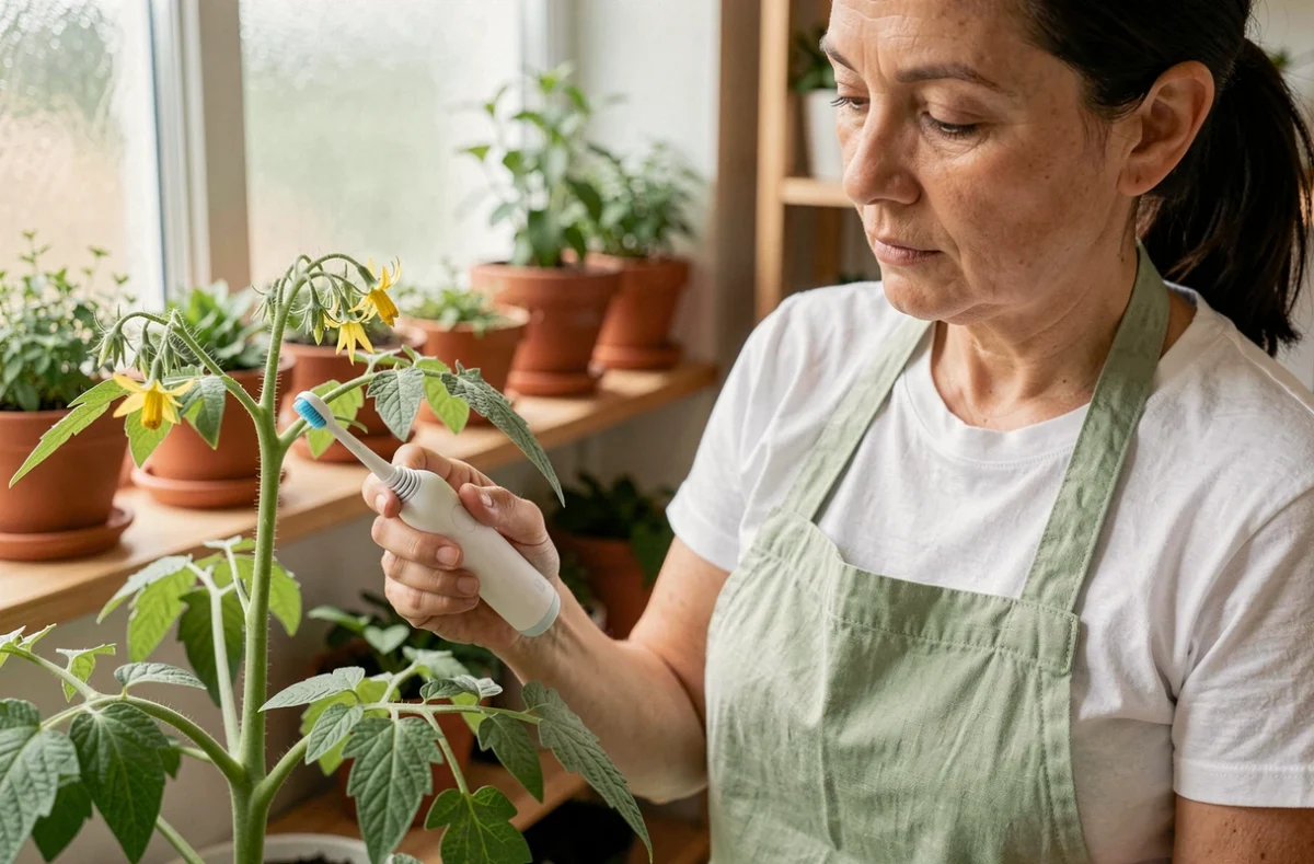 Femme pollinisant des plants de tomates en intérieur avec une brosse électrique, méthode fiable pour la pollinisation manuelle
