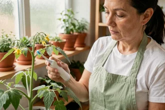 Femme pollinisant des plants de tomates en intérieur avec une brosse électrique, méthode fiable pour la pollinisation manuelle