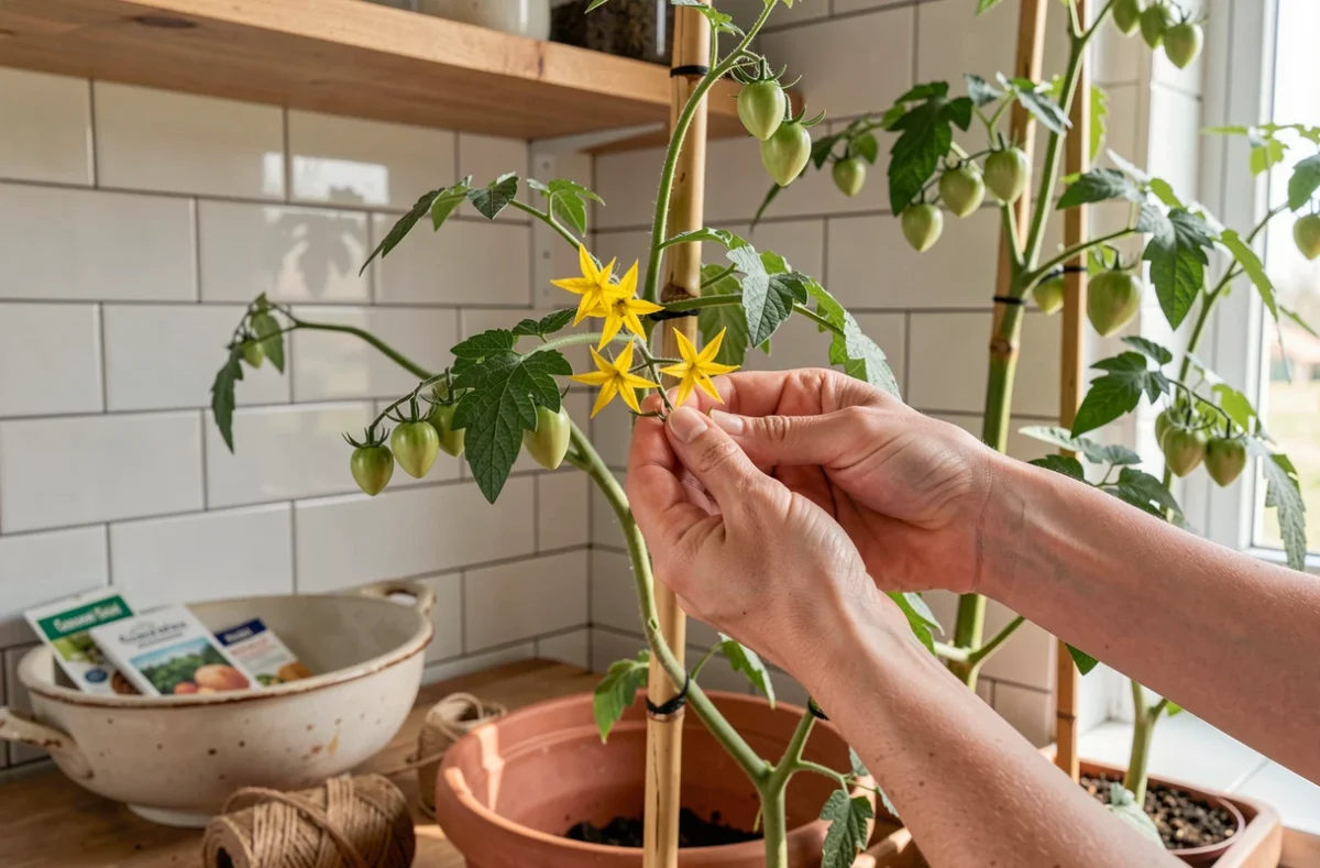 Mains secouant délicatement des fleurs de tomates pour la pollinisation en intérieur dans une cuisine lumineuse