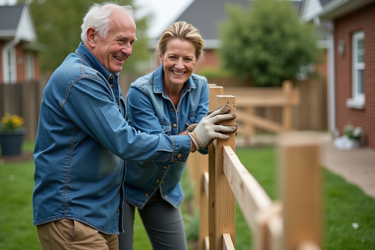 Couple posant pour une photo de clôture en bois dans un jardin
