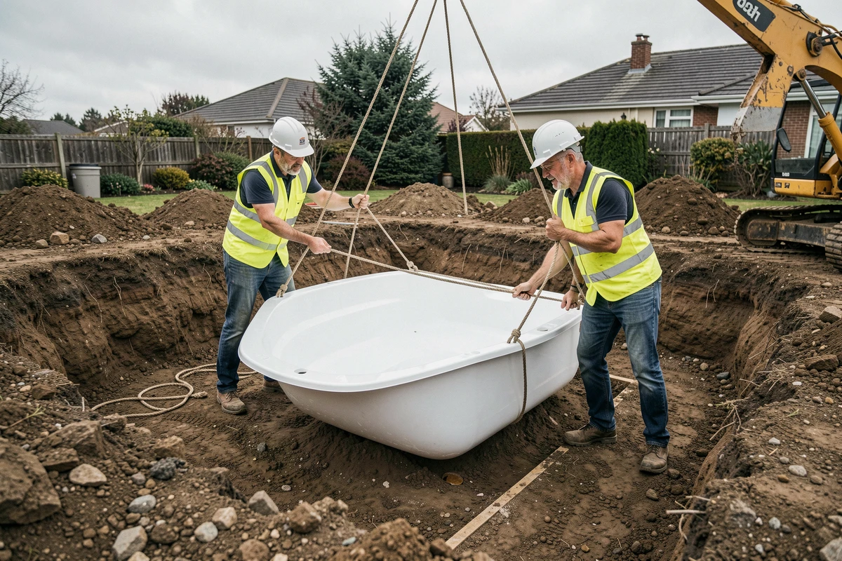 Mise en place d'une piscine coque en fibre de verre dans une fouille de jardin, avec ouvriers guidant la coque lors de la pose