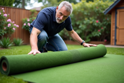 Homme posant sur son jardin avec tapis artificiel