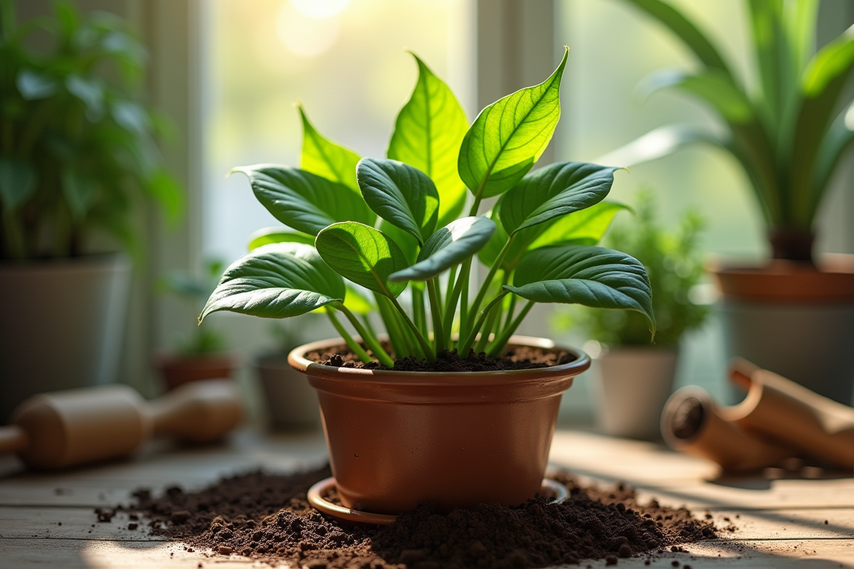 Pothos en pot de terre avec feuilles vertes dans un atelier de jardinage