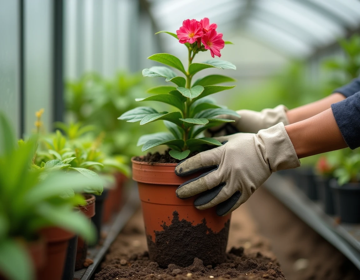 Jardinier examinant un lisianthus en pot atteint de pourriture des racines dans une serre horticole