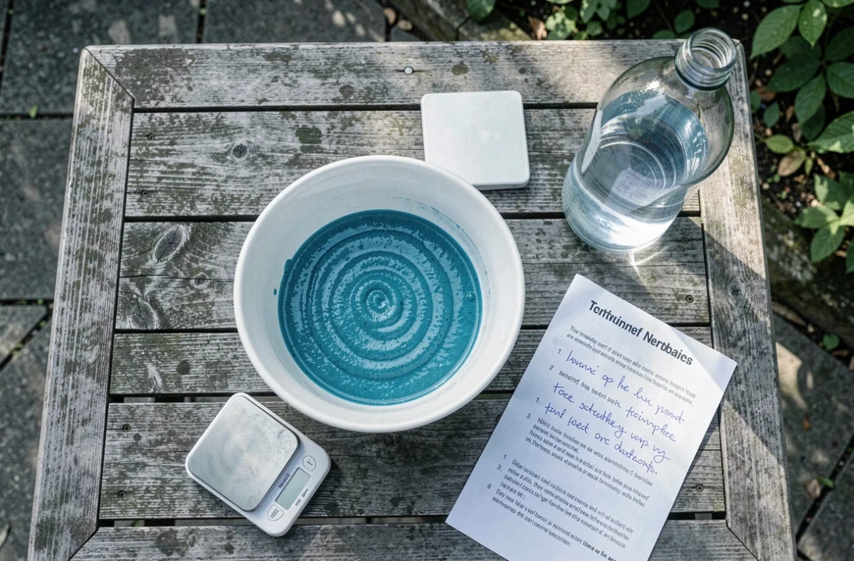 Vue de dessus d'un bol de bouillie bordelaise avec balance et bouteille d'eau pour préparer la dose correcte