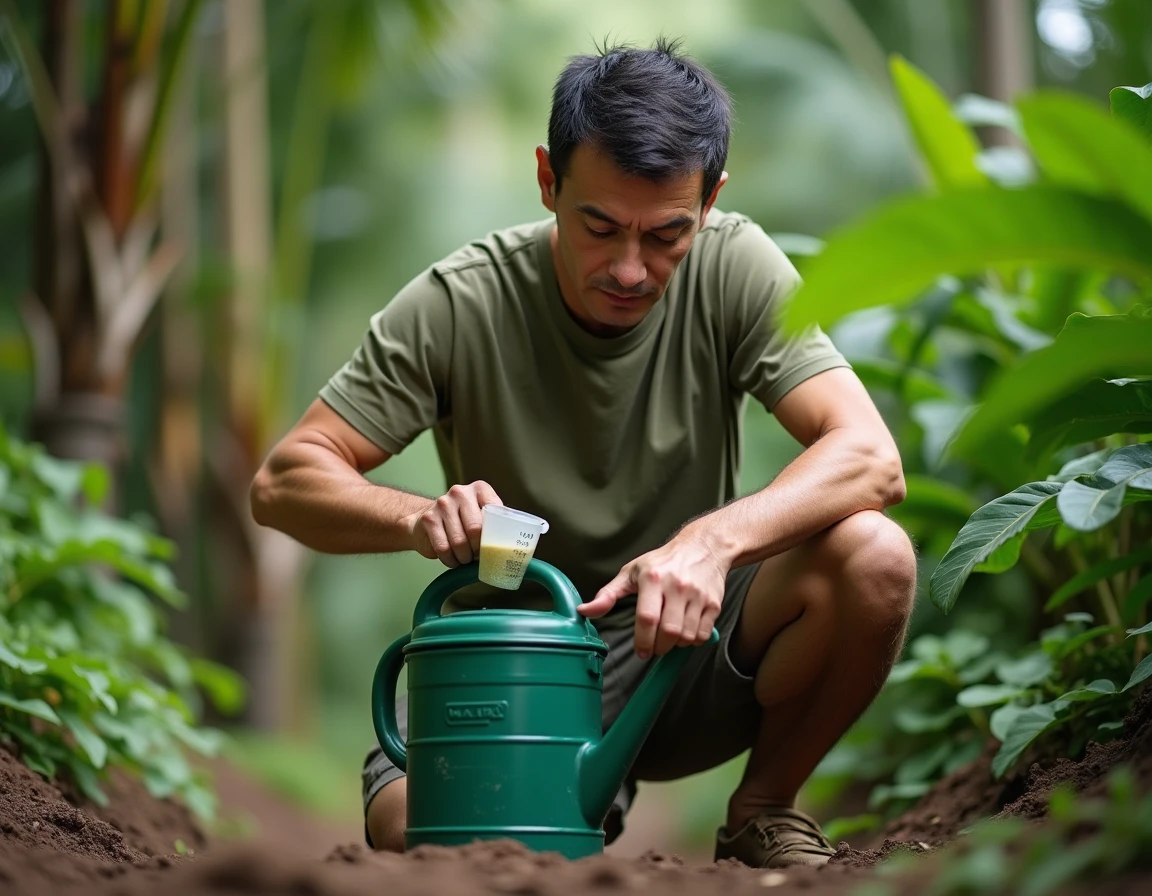 Homme préparant un engrais liquide pour palmier Areca dans un jardin tropical luxuriant avec arrosoir et dosette de mesure