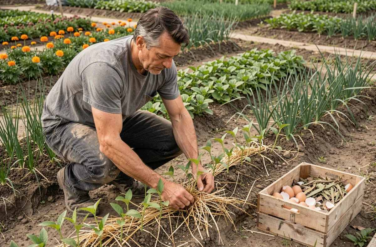 Jardinier protégeant des jeunes plants de haricots biologiques avec du paillis de paille naturel sans utiliser de pesticides