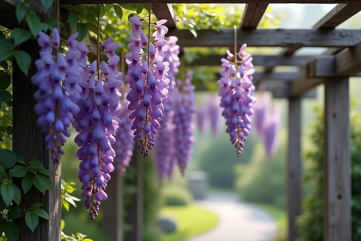 Gros plan sur grappes de glycine en fleurs sur treillis en bois