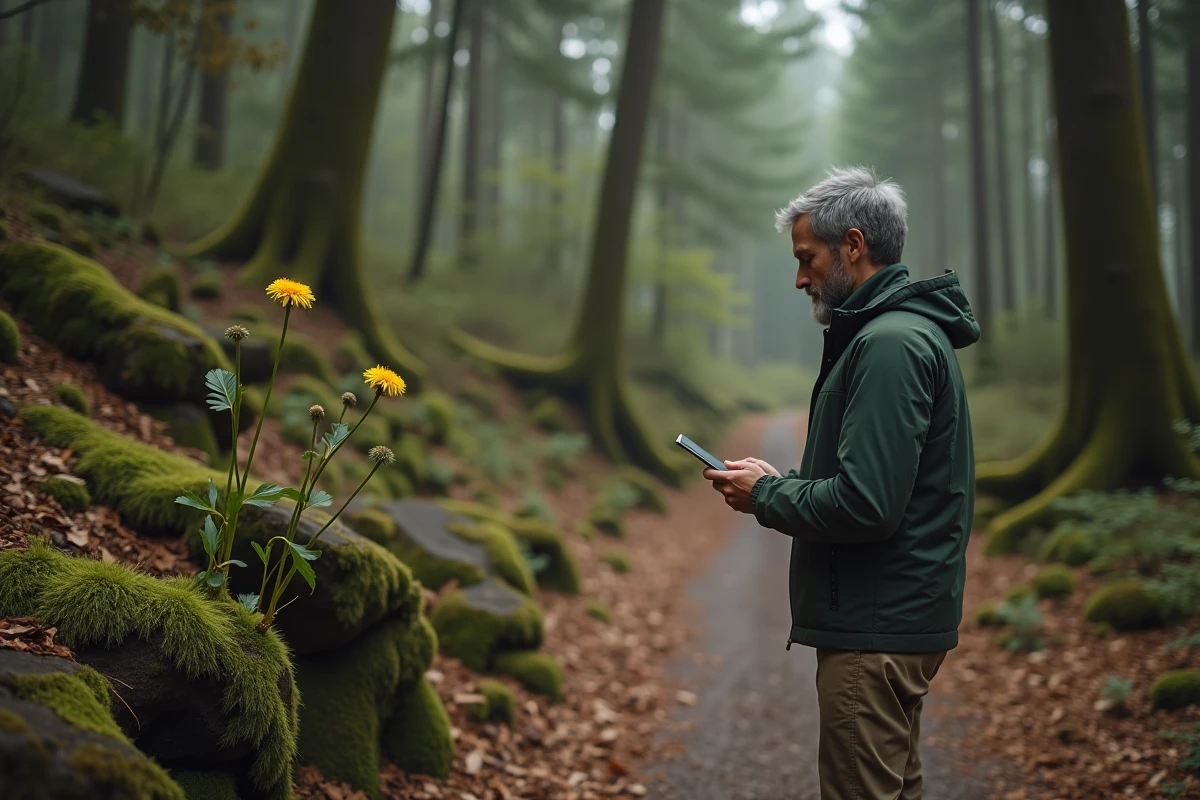Randonneur identifiant une fleur sauvage avec une application mobile sur un sentier forestier