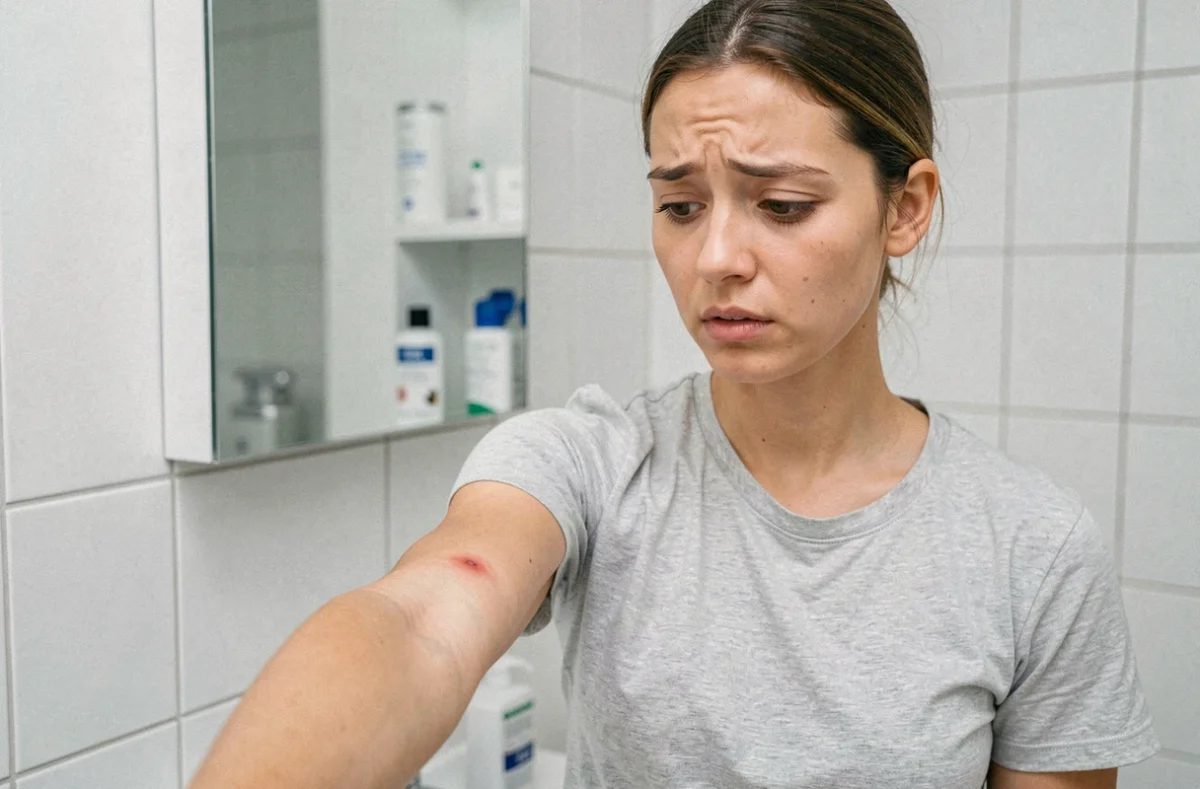 Jeune femme examinant une réaction cutanée légère sur son avant-bras après une piqûre d'insecte dans une salle de bain