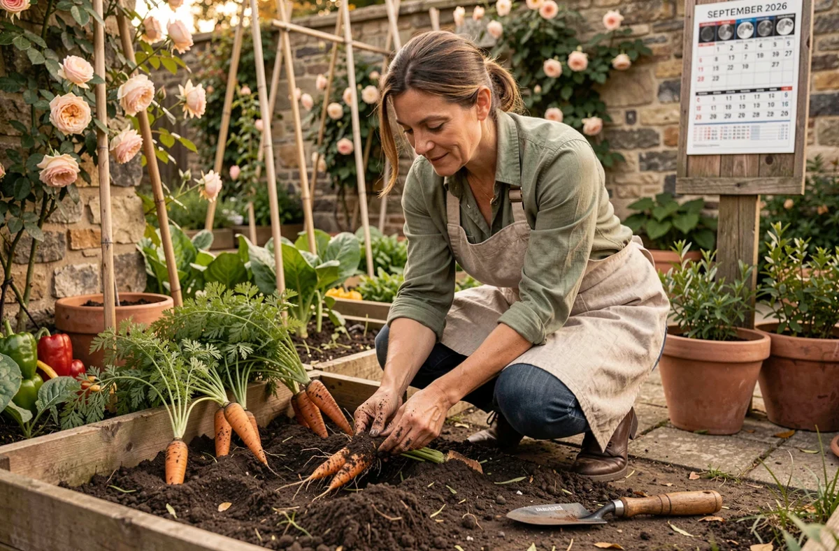 Jardinière récoltant des carottes dans un potager en septembre selon le calendrier lunaire