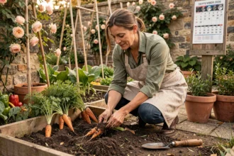Jardinière récoltant des carottes dans un potager en septembre selon le calendrier lunaire