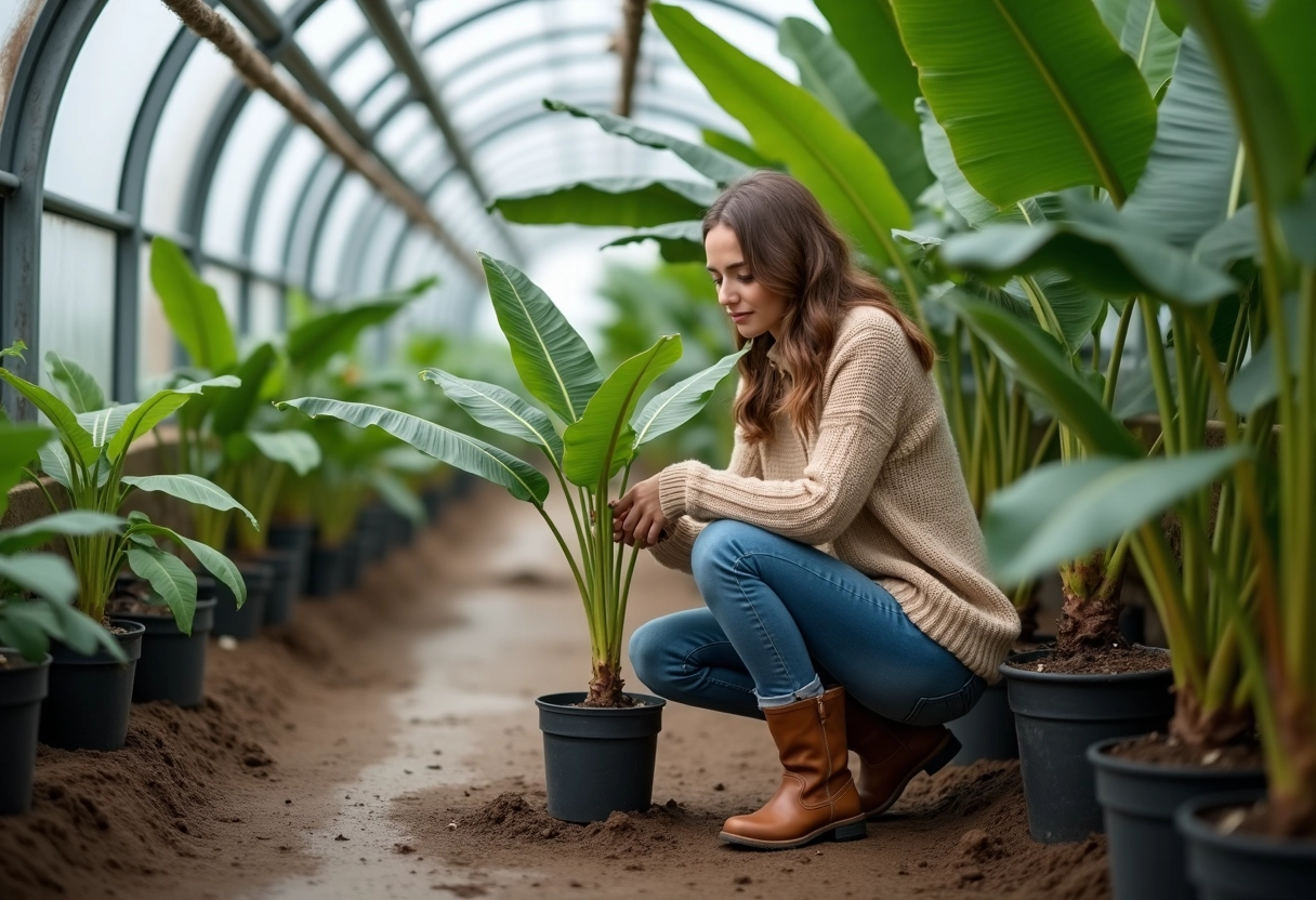 Femme protégeant une banane dans une serre