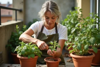 Femme retirant un gourmand de tomate en pot sur un balcon ensoleillé avec les doigts