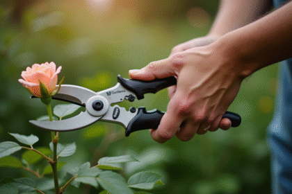 Mains de jardinier coupant une rose avec un sécateur Gardena