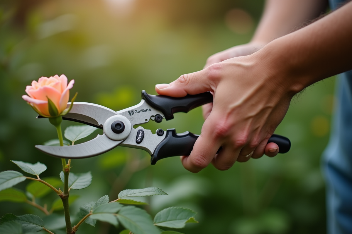 Mains de jardinier coupant une rose avec un sécateur Gardena