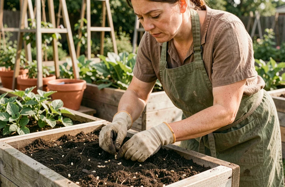 Femme jardinière semant des graines de haricots biologiques dans un potager surélevé en bois rempli de compost riche