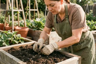 Femme jardinière semant des graines de haricots biologiques dans un potager surélevé en bois rempli de compost riche