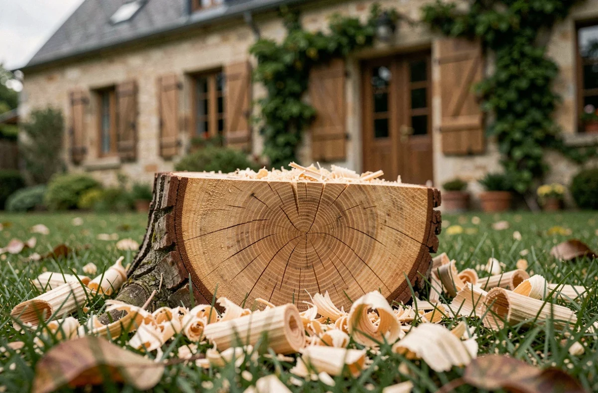 Gros plan d'une souche d'arbre fraîchement coupée avec sciure et copeaux de bois dans un jardin français