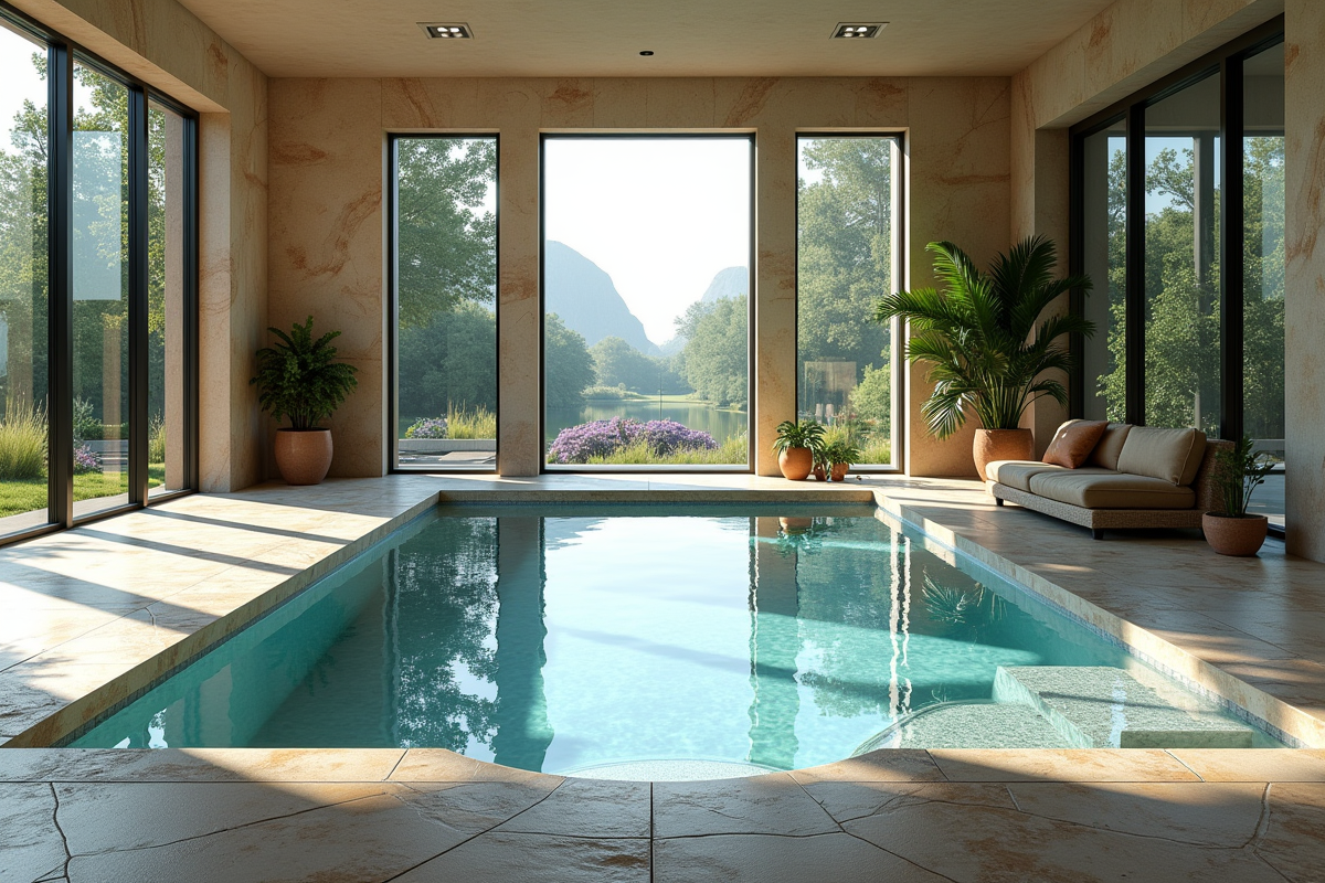 Spa nage intérieur luxueux dans une véranda lumineuse avec vue jardin